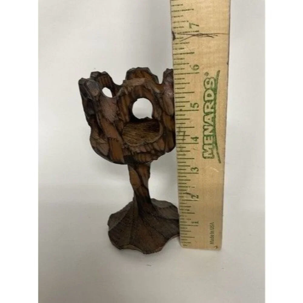 VTG Chine SE Crude Gothic Burnt‎ Wood Carved Goblet/Candle Holder 6” Taiwan